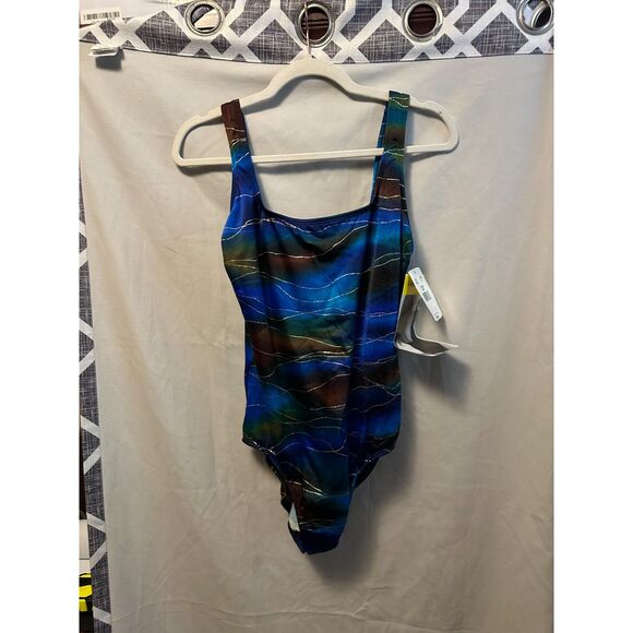 NWT Vintage Longitude One Piece Swimsuit Plus Size 14 Blue Gold Foil Shimmer - Picture 1 of 5